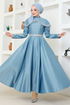 Collar Detailed Satin Evening dress YGS6551 Blue - Thumbnail