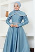 Collar Detailed Satin Evening dress YGS6551 Blue - Thumbnail