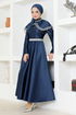 Collar Detailed Satin Evening dress YGS6551 Navy blue - Thumbnail