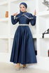 Collar Detailed Satin Evening dress YGS6551 Navy blue - Thumbnail