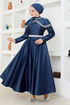 Collar Detailed Satin Evening dress YGS6551 Navy blue - Thumbnail