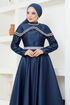 Collar Detailed Satin Evening dress YGS6551 Navy blue - Thumbnail