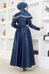 Collar Detailed Satin Evening dress YGS6551 Navy blue - Thumbnail