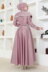 Collar Detailed Satin Evening dress YGS6551 Rose Kurusu - Thumbnail