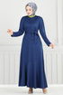 Côtes Détaillé Ceinturée Robe 4054PM1063-L Indigo - Thumbnail