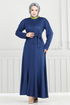 Côtes Détaillé Ceinturée Robe 4054PM1063-L Indigo - Thumbnail