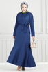 Côtes Détaillé Ceinturée Robe 4054PM1063-L Indigo - Thumbnail