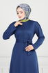 Côtes Détaillé Ceinturée Robe 4054PM1063-L Indigo - Thumbnail