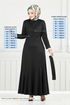 Côtes Détaillé Ceinturée Robe 4054PM1063-L Noir - Thumbnail