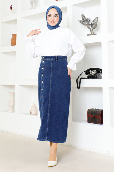 FLR - Crossed Buttoned Up Jeans Skirt FLR7721 Dark Blue