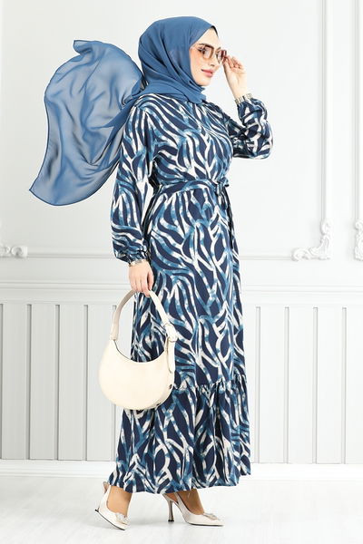 MRV O.Z.R. - Dalga Desenli Viskon Elbise 825OZR1047-M Petrol - 352558