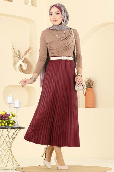 O.Z.T. - Deri Görünümlü Piliseli Etek 030OZT1013-MS Bordo
