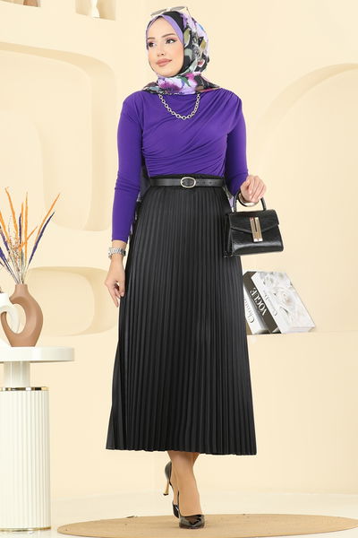 O.Z.T. - Deri Görünümlü Piliseli Etek 030OZT1013-MS Siyah - 397950