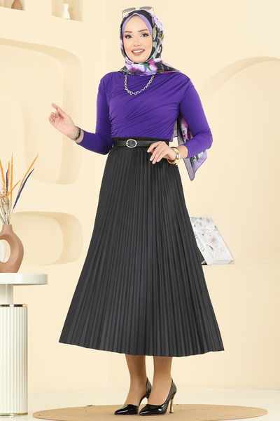 O.Z.T. - Deri Görünümlü Piliseli Etek 030OZT1013-MS Siyah - 397951