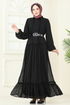 Desenli Şifon Elbise 5307AL357-MS Siyah - Thumbnail