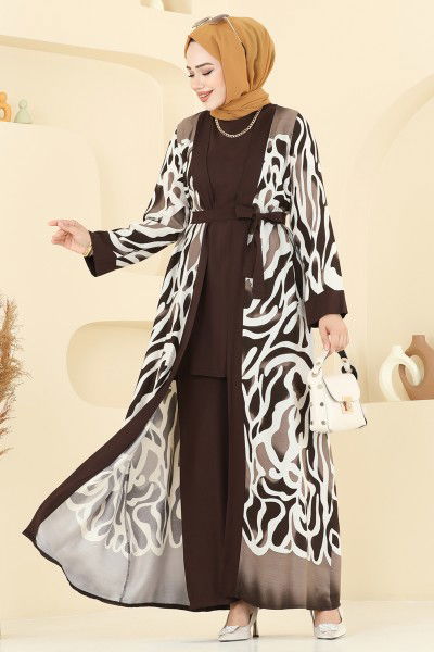 B.G.S. - Desenli Üçlü Viskon Takım 0345BG354-MS Desen 1 Kahve