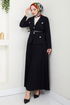 Double Breasted Collar Belted Skirted Team 16201BSK984-M Black - Thumbnail