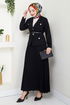 Double Breasted Collar Belted Skirted Team 16201BSK984-M Black - Thumbnail