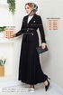 Double Breasted Collar Belted Skirted Team 16201BSK984-M Black - Thumbnail