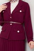 Double Breasted Collar Belted Skirted Team 16201BSK984-M Burgundy - Thumbnail