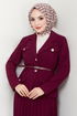 Double Breasted Collar Belted Skirted Team 16201BSK984-M Burgundy - Thumbnail