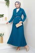 Double Breasted Collar Belted Skirted Team 16201BSK984-M Indigo - Thumbnail