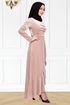 Drape Detay Kadife Elbise Bej KBR21340 - Thumbnail