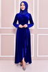 Drape Detay Kadife Elbise Saks KBR21340 - Thumbnail