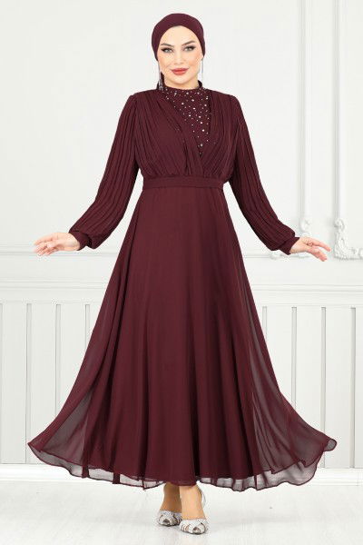 MRV A.L.G. - Drape Detay Taşlı Abiye 0404ALG1079-M Bordo