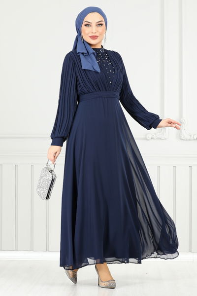 MRV A.L.G. - Drape Detay Taşlı Abiye 0404ALG1079-M Koyu Laci - 356035