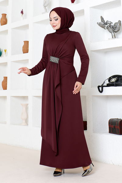 MRV S.L. - Drapeli Taş İşlemeli Abiye 5020SL890 Bordo