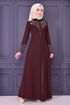 Embroidered Buttoned Dress Burgundy ASM2158 - Thumbnail