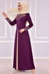 Embroidered Buttoned Up Dress Damson ASM2158 - Thumbnail