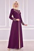 Embroidered Buttoned Up Dress Damson ASM2158 - Thumbnail