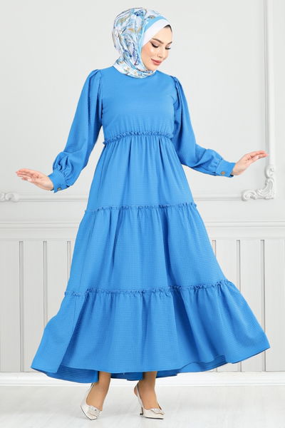 MRV T.B.O. - Eteği Katlı Gofre Elbise 3033TBO1101-M Mavi - 352140