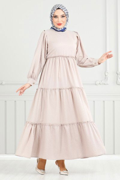 MRV T.B.O. - Eteği Katlı Gofre Elbise 3033TBO1101-M Taş