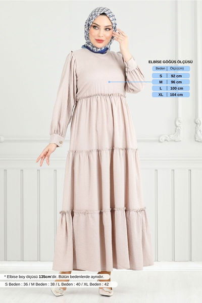 MRV T.B.O. - Eteği Katlı Gofre Elbise 3033TBO1101-M Taş - 353105