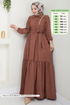 Eteği Katlı Tesettür Elbise 3025HBS856-MS Kahve - Thumbnail