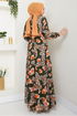 Ethnic Pattern Hijab Dress 823OZR1047-M Khaki - Thumbnail