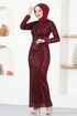 Flake Sequin Evening dress END5544 Burgundy - Thumbnail