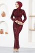 Flake Sequin Evening dress END5544 Burgundy - Thumbnail