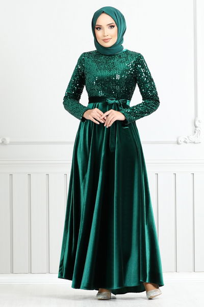 MRV E.F.Y. - Flake Sequined Velvet Evening dress 2015EFY931-M Emerald