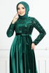 Flake Sequined Velvet Evening dress 2015EFY931-M Emerald - Thumbnail