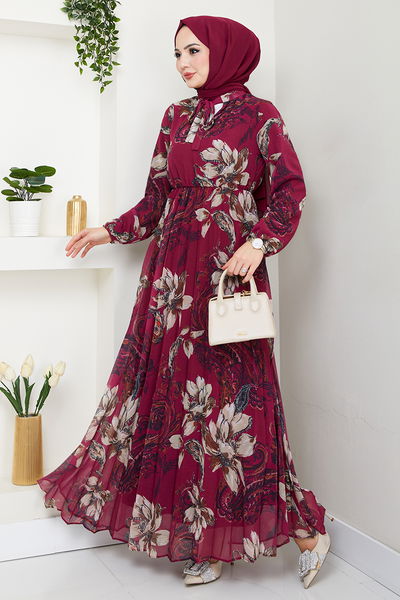 MRV A.N.T. - Fleur À Motifs Hijab Robe 5035ANT904-L Cerise aigre