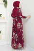 Flower Patterned Hijab Dress 5035ANT904-M Sour cherry - Thumbnail