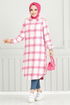 From The Front Buttoned Up Plaid Tunic 4446KTR927-M Pink - Thumbnail