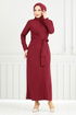 From The Side Belt Detailed Dress 0409ALG1079-M Burgundy - Thumbnail
