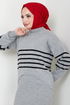 Gestreift Hijab Kleid 9014UZ1029-M Grau - Thumbnail