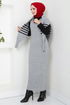 Gestreift Hijab Kleid 9014UZ1029-M Grau - Thumbnail