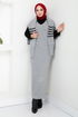 Gestreift Hijab Kleid 9014UZ1029-M Grau - Thumbnail